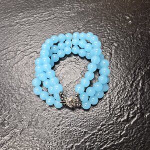 Vintage 1960s  Aqua Milk Glass Bracelet 3 Strand Filigree Clasp 8.5" Mid-Century